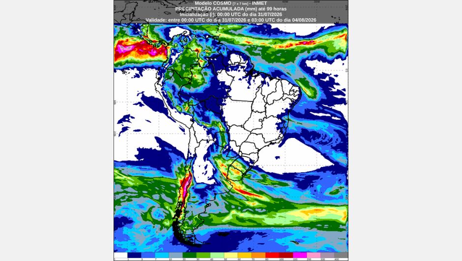 Previsão de precipitação acumulada (mm) até 0h (horário de Brasília) de terça-feira, 04 de agosto de 2026, elaborada com base no modelo numérico de previsão do tempo Cosmo; fonte: Inmet