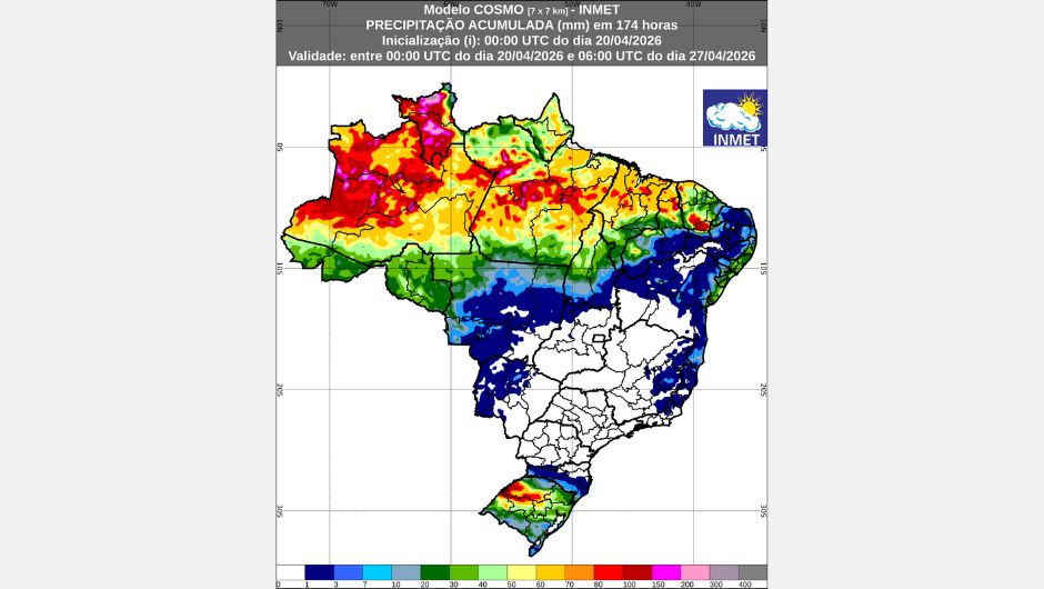 Figura 1: previsão de chuva acumulada (20 a 27 de abril de 2026); fonte: Inmet