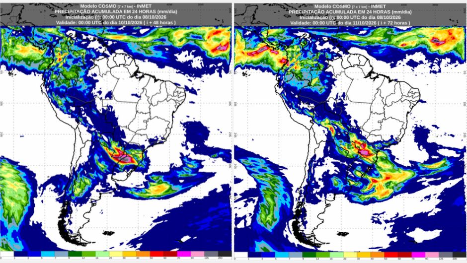 Previsão de acumulados de chuva entre a quinta-feira (8) e o final do sábado (10), conforme o modelo numérico de previsão de tempo Cosmo; fonte: Inmet