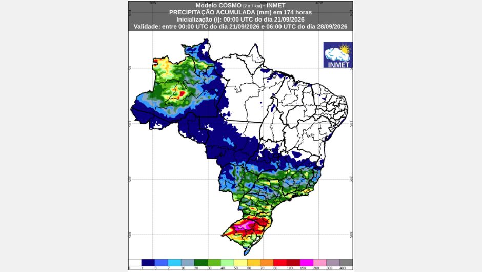 Previsão de chuva acumulada (21 de setembro a 28 de setembro de 2026); fonte: Inmet