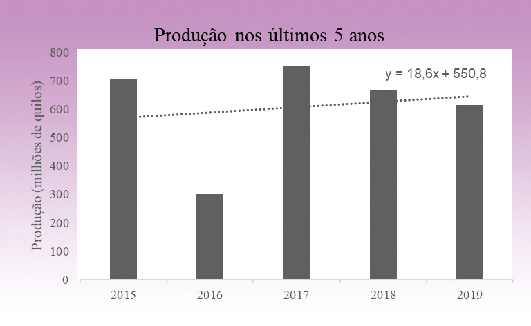 Figura 1- Produção de uva nas últimas cinco safras, no estado do Rio Grande do Sul. Fonte: adaptado de Sisdevin/DAS, 2019