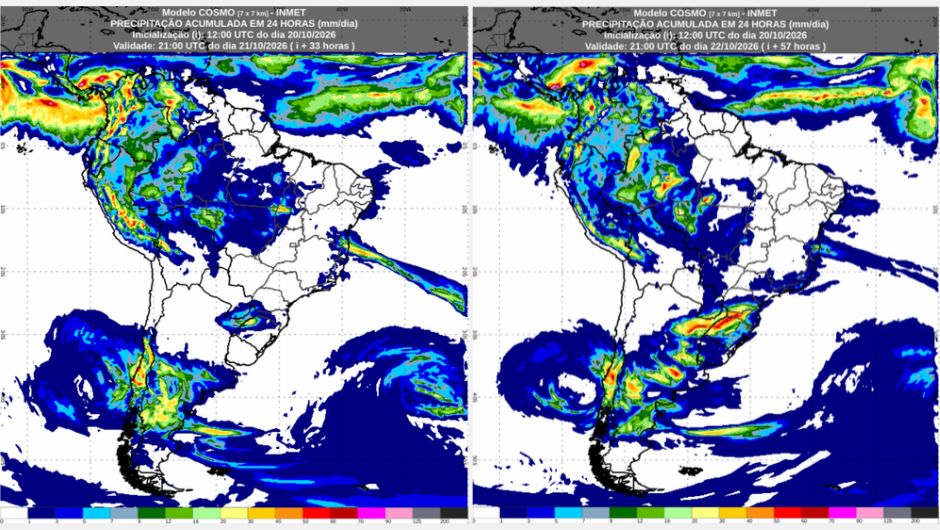 Previsão de acumulados de chuva de terça-feira (20/10 até quinta-feira (22/10), conforme o modelo numérico de previsão de tempo Cosmo; fonte: Inmet