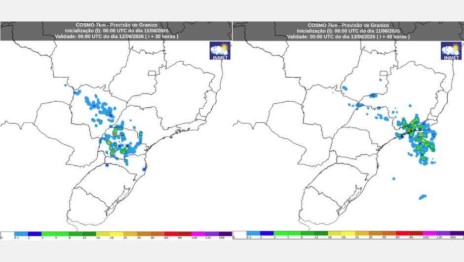 Probabilidade de granizo na madrugada da sexta-feira (12) e probabilidade de granizo entre a noite da sexta-feira (12) e a madrugada do sábado (13); modelo Cosmo; fonte: Inmet