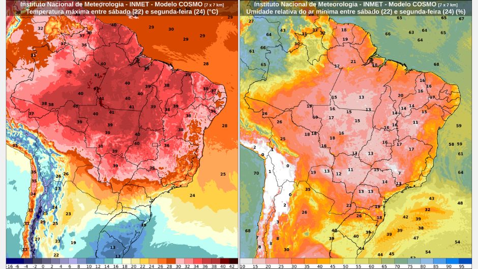 Previsão de temperatura mínima entre sábado (22/8) e segunda-feira (24/8) e previsão de temperatura máxima entre sábado (22/8) e segunda-feira (24/8); fonte: Inmet