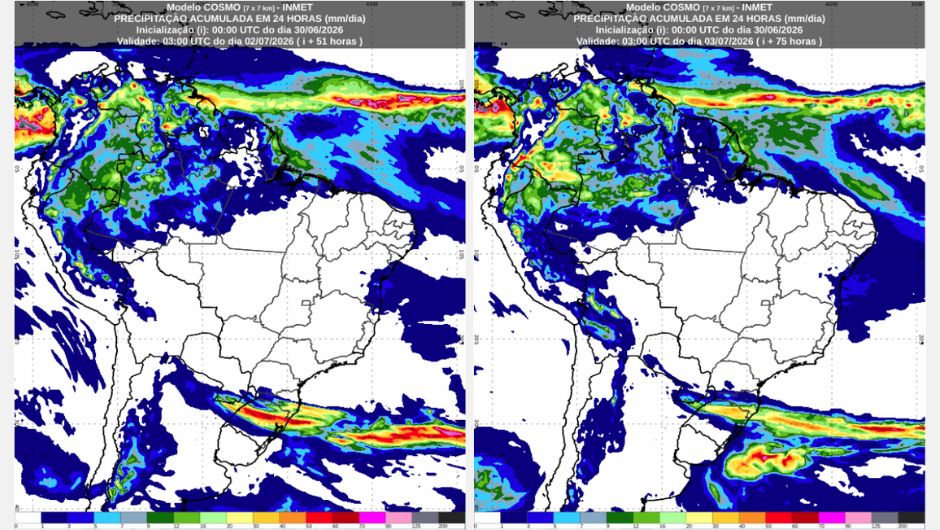 Chuva acumulada em 24h referente ao dia 01/07/2026 e 02/07/2026 do modelo Cosmo; fonte: Inmet