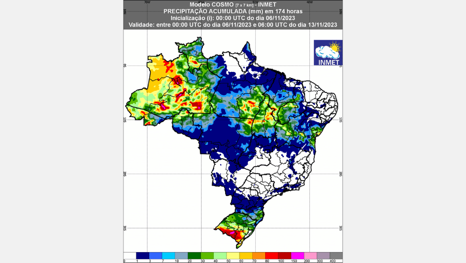 Figura 1: previsão de chuva para a 1ª semana (06/11/2023 a 13/11/2023); fonte: Inmet