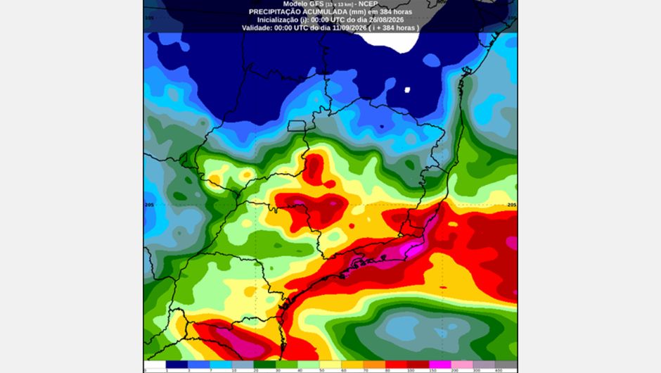 Previsão de precipitação acumulada entre 26 de agosto e 11 de setembro de 2026, com base no modelo americano Global Forecast System (GFS/NCEP); fonte: Inmet
