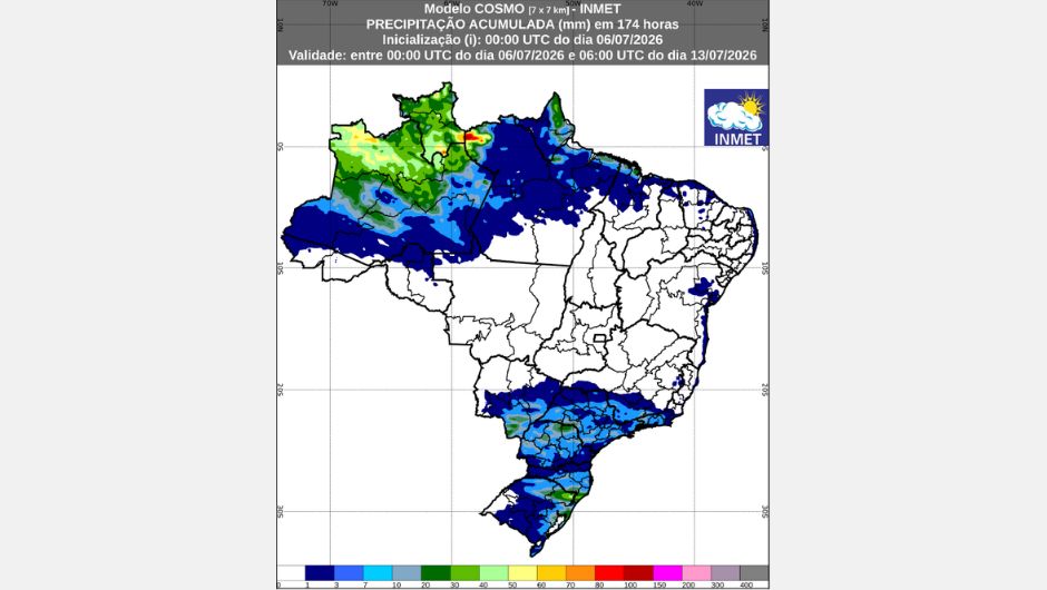 Previsão de chuva acumulada (06 a 13 de julho de 2026) do modelo Cosmo; fonte: Inmet
