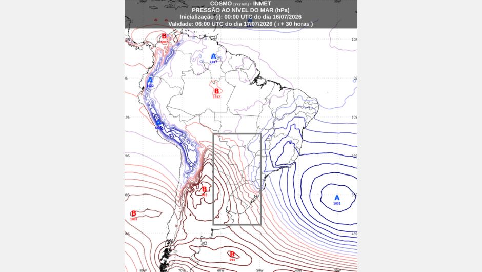 Previsão da pressão ao nível do mar às 03h (horário de Brasília) de sexta-feira, 17 de julho de 2026, proveniente do modelo de previsão numérica do tempo Cosmo