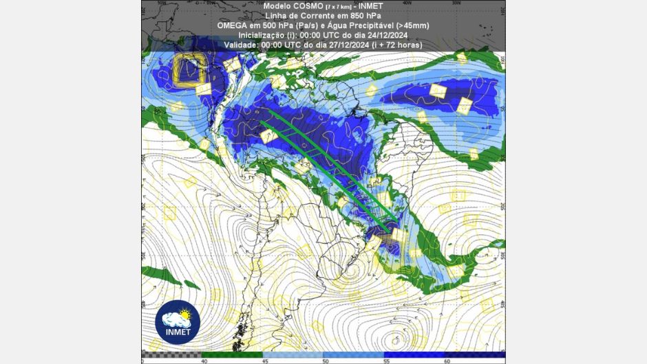 Figura1: mapa com linhas de corrente em 850 hPa, Omega em 500 hPa e Água Precipitável (&gt; 45 mm) prevista pelo modelo Cosmo às 00UTC da sexta-feira (27)