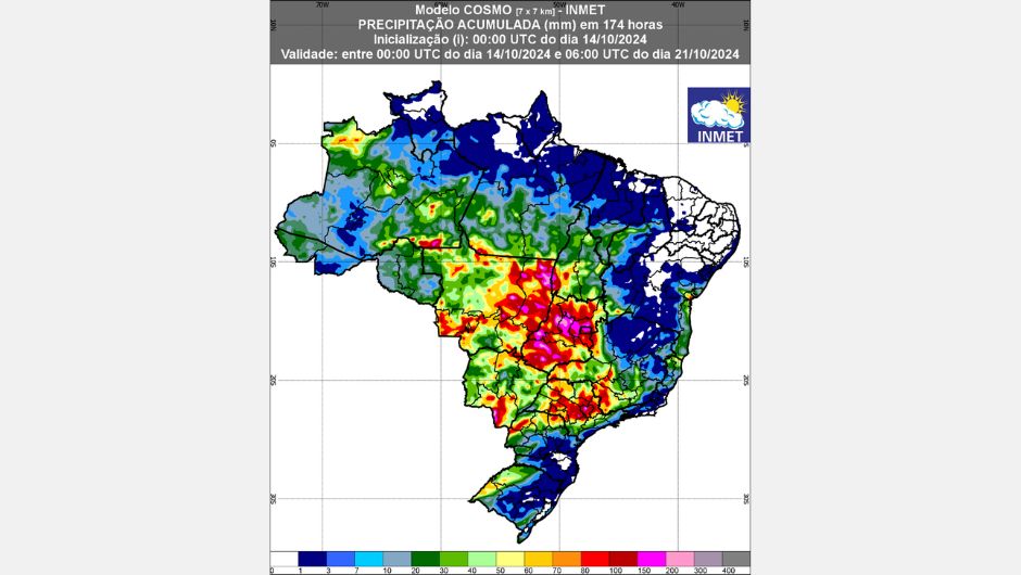 Figura 1: previsão de chuva (14 a 21 de outubro de 2024); fonte: Inmet