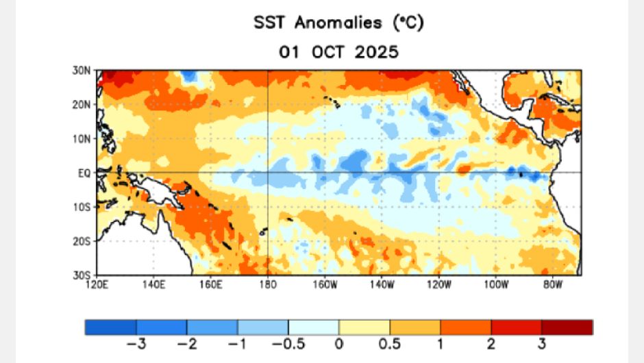 Anomalias da temperatura média da superfície do mar (TSM) (°C) para a semana centrada em 1º de outubro de 2025; as anomalias são calculadas em relação às médias semanais do período base de 1991-2020