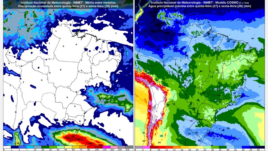 Previsão de chuva acumulada (mm) entre quinta-feira (27) e sexta-feira (28) e previsão do valor máximo de água precipitável (mm) entre quinta-feira (27) e sexta-feira (28); fonte:&nbsp;Inmet