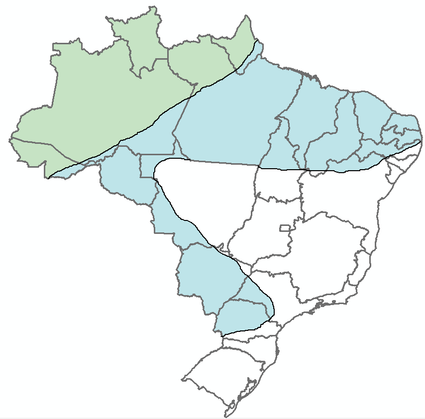 Figura 1. Influência do La Niña sobre o Brasil entre os meses de dezembro e fevereiro (a) e março a maio (b). A área com tendência a aumento do volume de chuvas está em azul, e com maior tendência de redução de temperatura está em verde. Na figura (a) toda a área em verde está contida na área em azul, e na figura (b) apenas uma pequena parte.