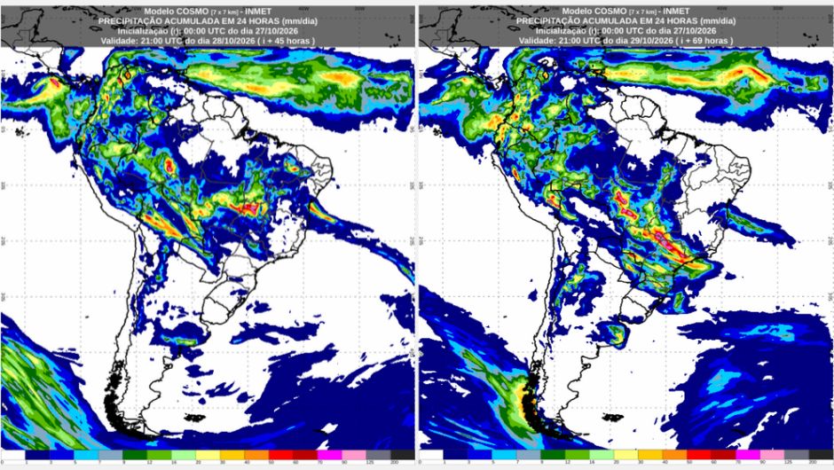Previsão de acumulados de chuva de terça-feira (27/10) até o fim de quinta-feira (29/10), conforme o modelo numérico de previsão de tempo Cosmo; fonte: Inmet