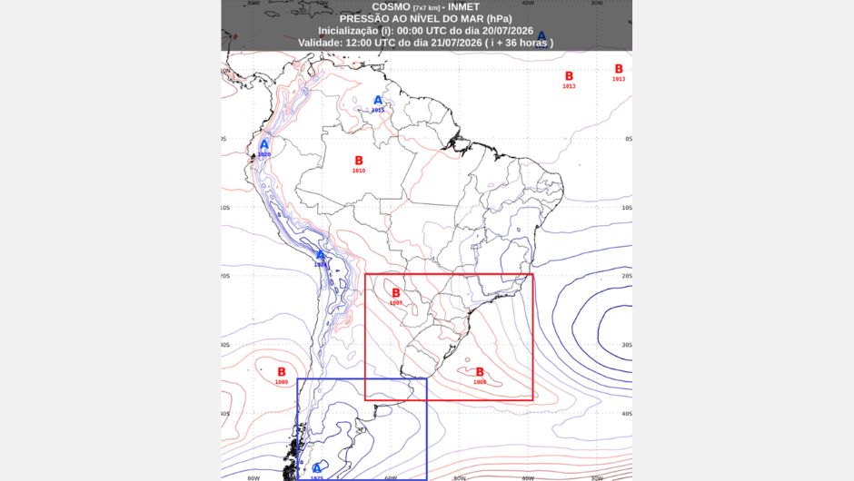 Previsão de pressão ao nível do mar às 9h (horário de Brasília) de terça-feira, 21 de julho de 2026, obtida a partir do modelo de previsão numérica do tempo Cosmo