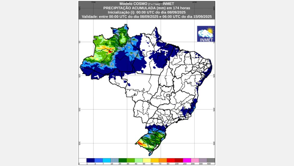Figura 1: previsão de chuva acumulada (8 de agosto a 14 de setembro de 2025); fonte: Inmet