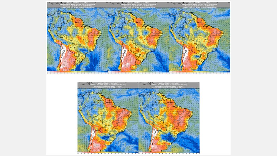 Figura 3: previsão de umidade relativa do ar (%) em 2 m e vento a 10 m (m/s) para a semana de 13 a 17 de outubro de 2025 às 15h (horário de Brasília); fonte: Inmet