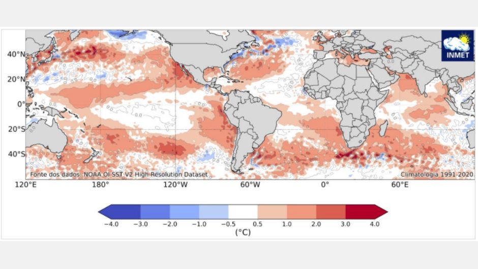 Anomalia da Temperatura da Superfície do Mar (ºC) entre os dias 16 e 31 de março de 2026; fonte: NOAA