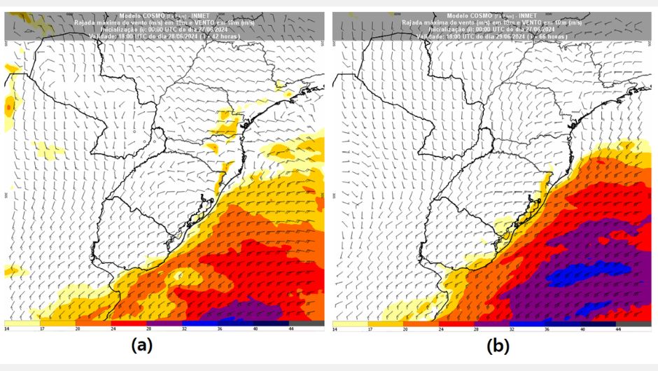 Figura 3: rajadas de vento previstas pelo modelo Cosmo 7km: (a) às 15h (horário de Brasília) da sexta-feira (28) e (b) às 15h do sábado (29)