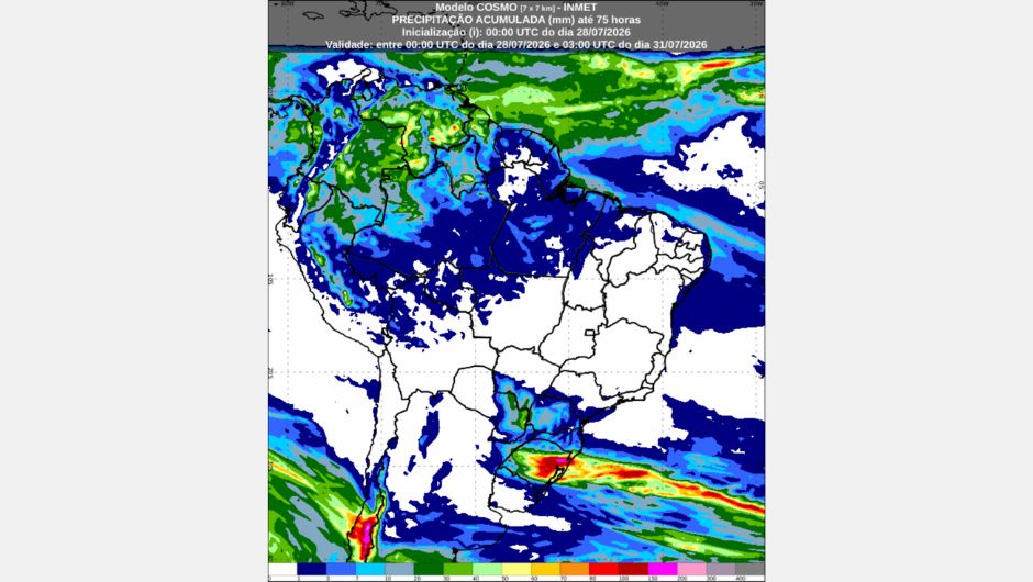 Previsão de precipitação acumulada (mm) entre as 21h (horário de Brasília) de 28 de julho e as 00h de 31 de julho de 2026, elaborada com base no modelo de previsão numérica de tempo Cosmo; fonte: Inmet