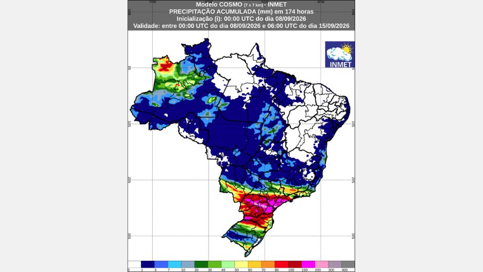 Previsão de chuva acumulada (08 de setembro a 15 de setembro de 2026); fonte: Inmet