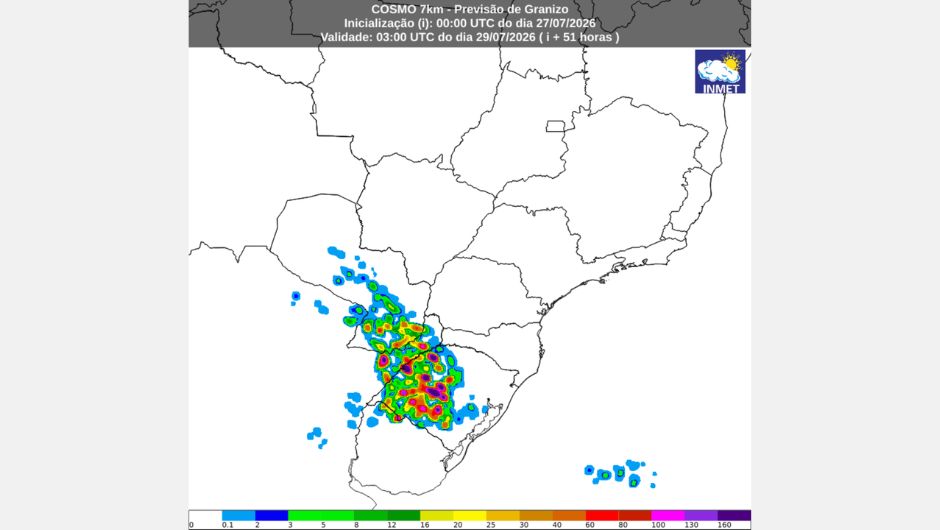 Previsão de ocorrência de granizo para a 00h (horário de Brasília) de quarta-feira, 29 de julho de 2026, elaborada a partir do modelo numérico de tempo Cosmo; fonte: Inmet