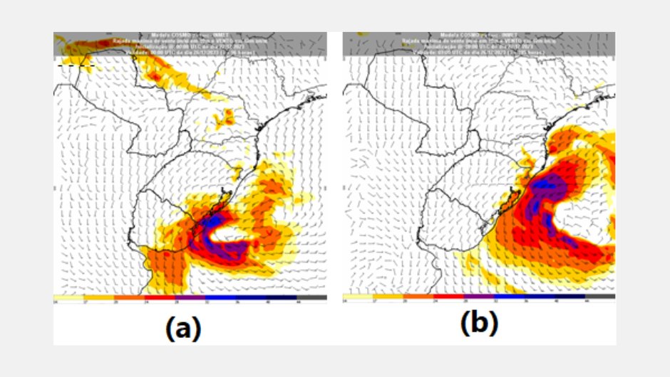 Figura 2: rajadas de vento previstas pelo modelo Cosmo - (a) às 21h (horário de Brasília) de segunda-feira (25) e (b) às 06h (horário de Brasília) de terça-feira (26)