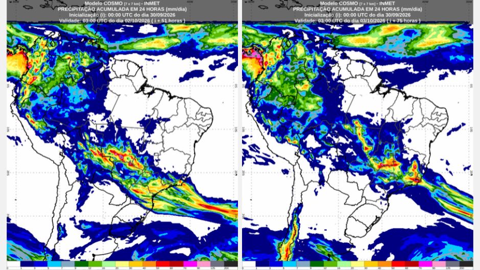 &nbsp;Previsão de acumulados de chuva para quinta (1º) e sexta-feira (2), conforme o modelo numérico de previsão de tempo Cosmo; fonte: Inmet