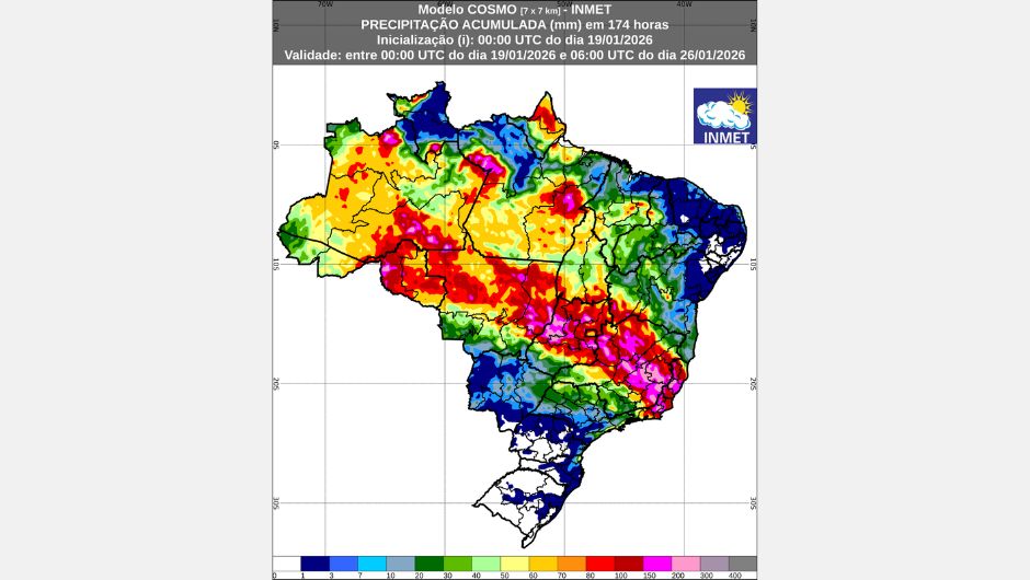 Figura 1: previsão de chuva acumulada (19 a 26 de janeiro de 2026); fonte: Inmet