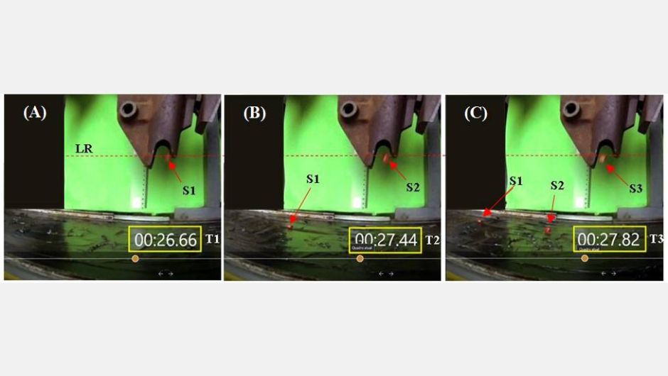 Figura 3 - obtenção de distância entre sementes a partir do vídeo da câmera digital. (A) semente 1 (S1) no tempo (T1) na linha de referência (LR); (B) semente 2 (S2) na linha de referência com S1 na esteira no tempo 2 (T2) e (C) semente 3 (S3) na linha de referência com S2 e S1 na esteira no tempo 3 (T3). Fonte: Wei et al. (2022)