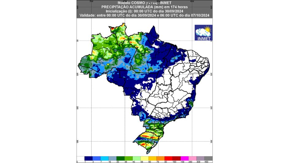 Figura 1: previsão de chuva (30 de setembro a 07 de outubro de 2024); fonte: Inmet