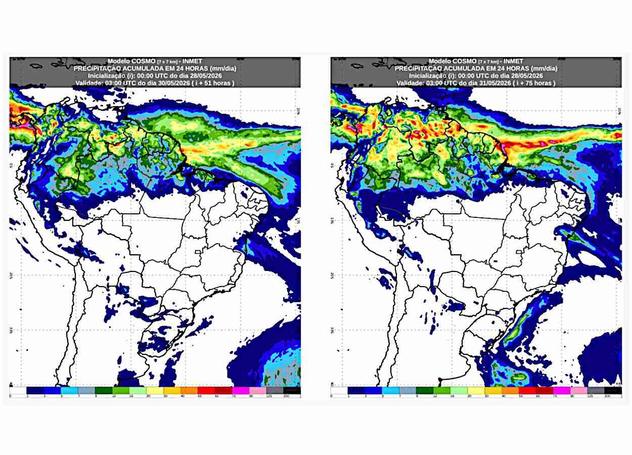Chuva retorna ao Centro-Sul e aumenta no litoral do Nordeste, enquanto Norte segue com altos acumulados
