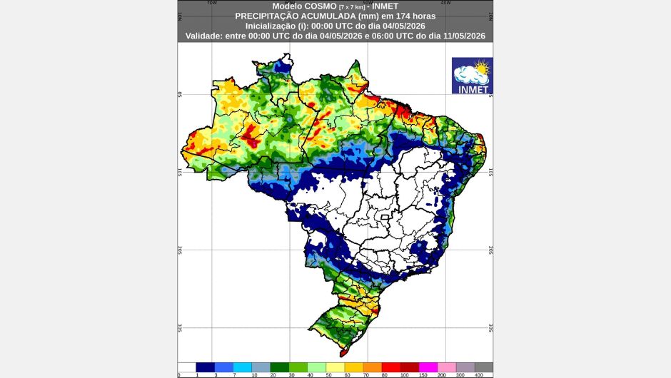 Previsão de chuva acumulada (4 de maio de 2026); fonte: Inmet