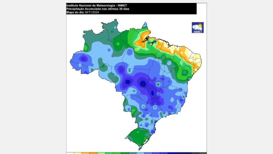 Figura 1 - mapa do acumulado de precipitação (mm) nos últimos 30 dias de novembro (áreas mais chuvosas, em azul escuro, e menos chuvosas, em verde claro/amarelo)