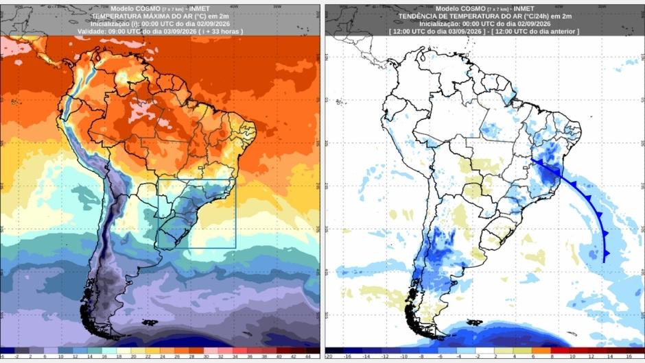 Previsão de temperatura mínima para a manhã de quinta-feira (3) e tendência de temperatura para o meio-dia de quinta-feira (3)