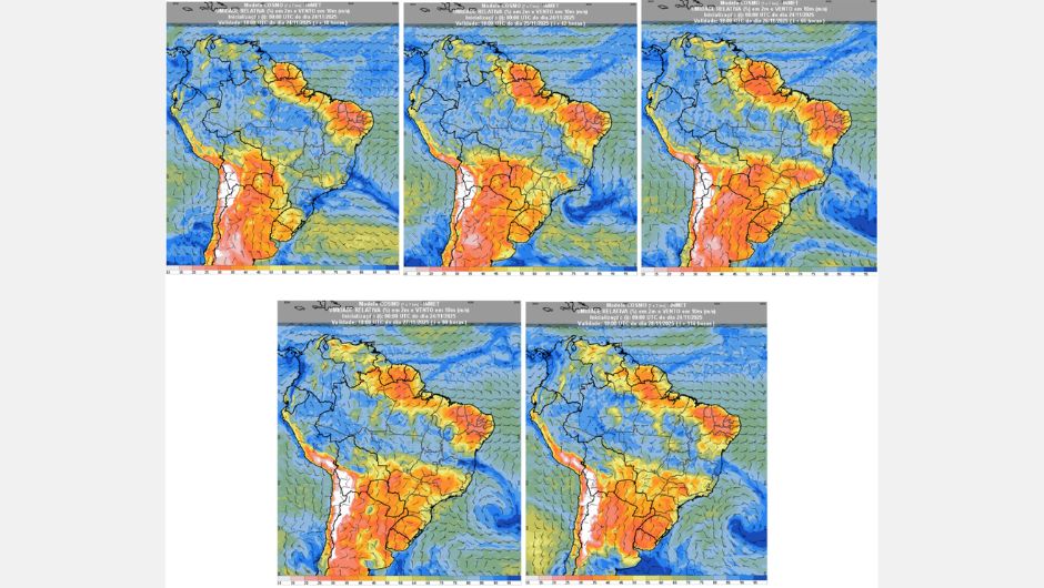 Figura 2: previsão de umidade relativa do ar (%) em 2 m e vento a 10 m (m/s) para a semana de 24 de novembro a 28 de novembro de 2025 às 15h (horário de Brasília); fonte: Inmet