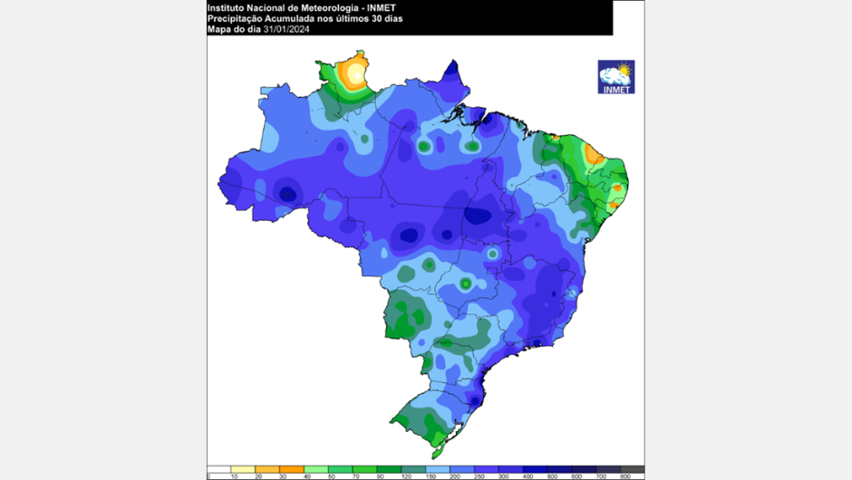 Figura 1: mapa do acumulado de precipitação (chuva), em milímetros (mm), nos últimos 30 dias (áreas mais chuvosas em azul escuro e, menos chuvosas, em verde claro/amarelo)