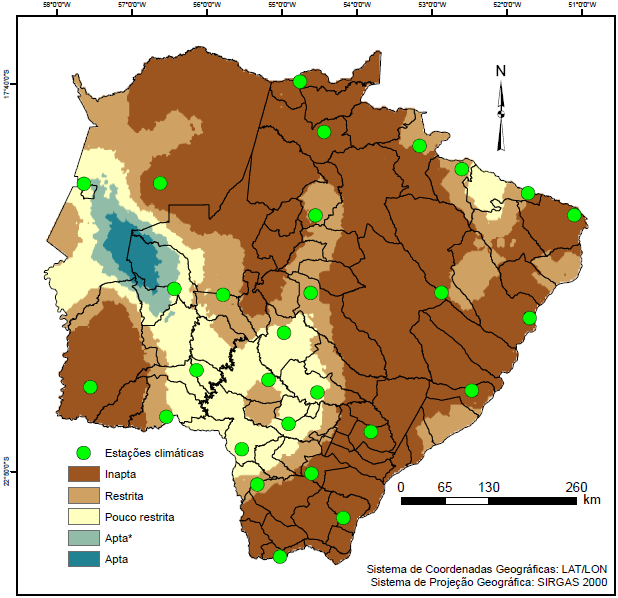 Figura 1. Zoneamento Edafoclimático do desenvolvimento de Metarhizium spp. no Estado de Mato Grosso do Sul para o mês de janeiro.