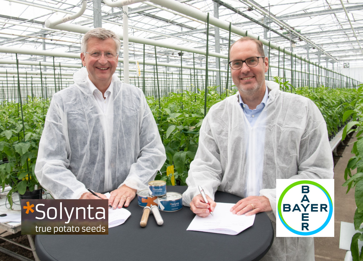 Peter Poortinga (Solynta) e Frank Terhorst (Bayer) assinam acordo nas instalações de produção de sementes da Solynta, na Holanda