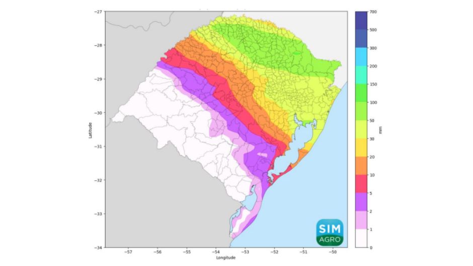 Chuva prevista (em mm) pelo modelo GFS de 2 a 8 de julho de 2026