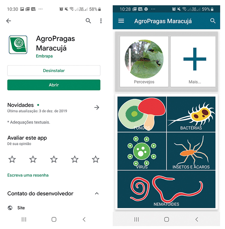 Figura 1 - Tela de download do aplicativo e tela inicial do aplicativo AgroPragas Maracujá.