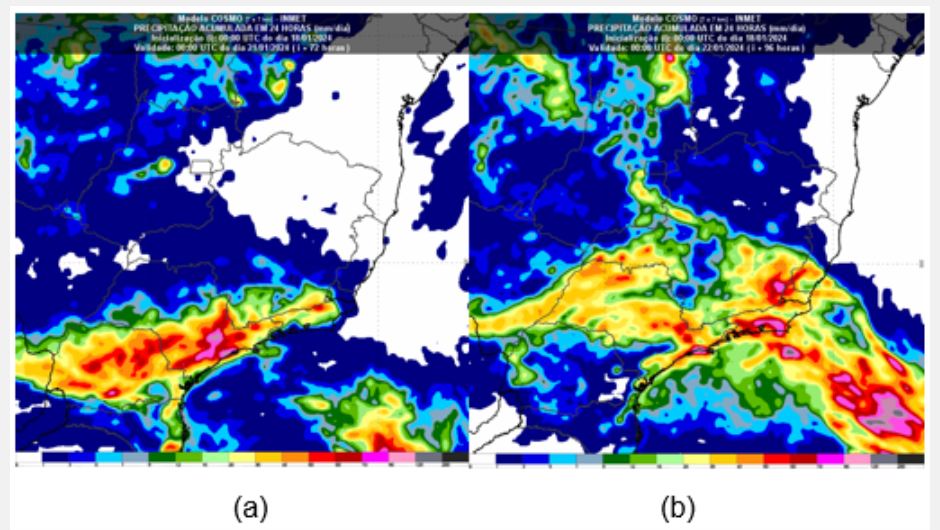 Figura 1: (a) mapa do modelo Cosmo 7 km previsão de chuva acumulada em 24h – entre as 21h (horário de Brasília) de sexta-feira (19) e as 21h (horário de Brasília) de sábado (20) e (b) mapa do modelo Cosmo 7 km previsão de chuva acumulada em 24h – entre as 21h (horário de Brasília) de sábado (20) e as 21h (horário de Brasília) de domingo (21)