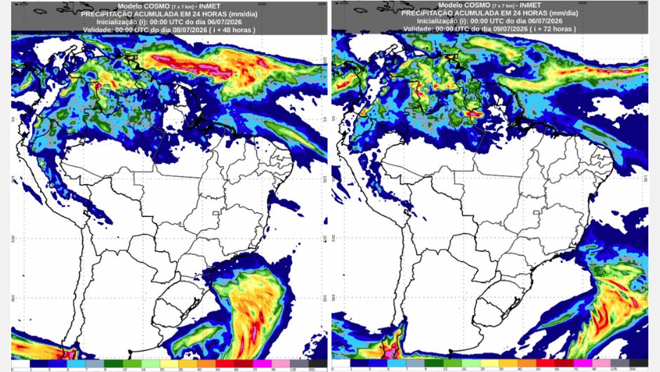 Previsão de chuva acumulada em 24h, referente aos dias 07 e 08 de julho de 2026, do modelo Cosmo; fonte: Inmet