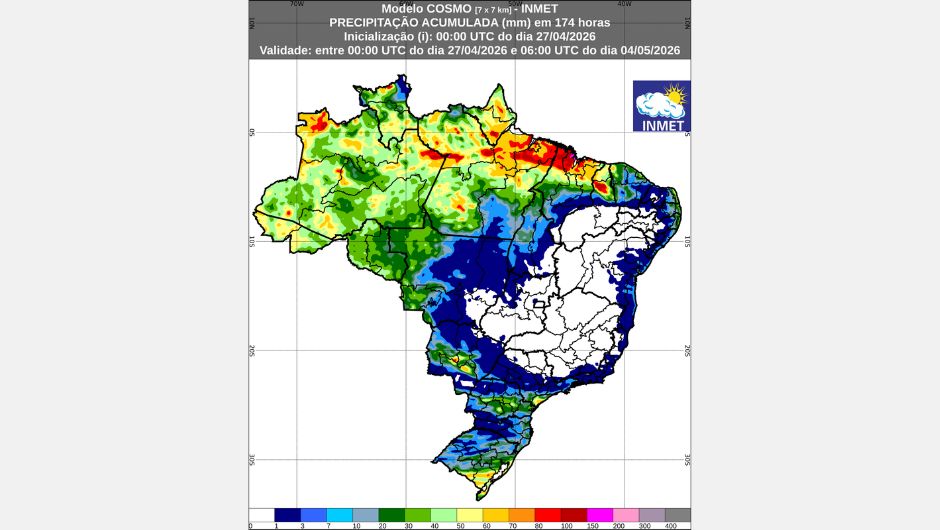 Figura 1: previsão de chuva acumulada (27 de abril a 04 de maio de 2026); fonte: Inmet