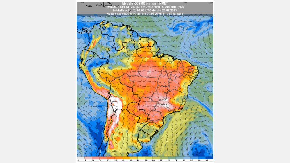 Figura 1: previsão de umidade relativa do ar (%) em 2 m e vento a 10 m (m/s) (28 a 30 de julho de 2025); fonte: Inmet