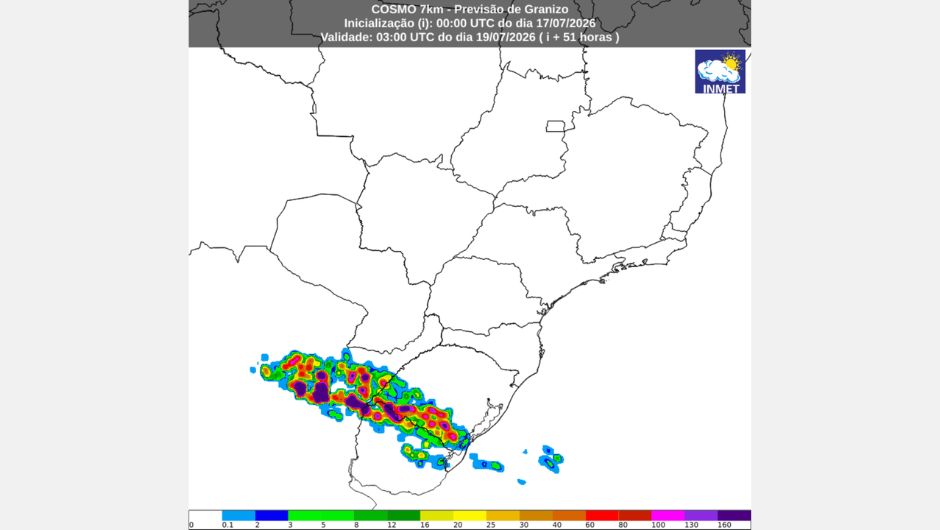 Mapa de previsão de granizo para 00h (horário de Brasília) de 19 de julho de 2026, proveniente do modelo de previsão numérica do tempo Cosmo; fonte: Inmet