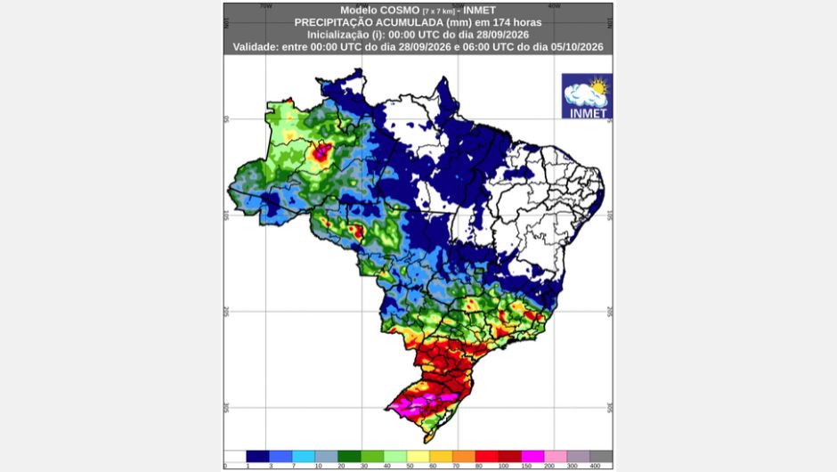 Previsão de chuva acumulada (28 de setembro a 5 de outubro de 2026); fonte: Inmet