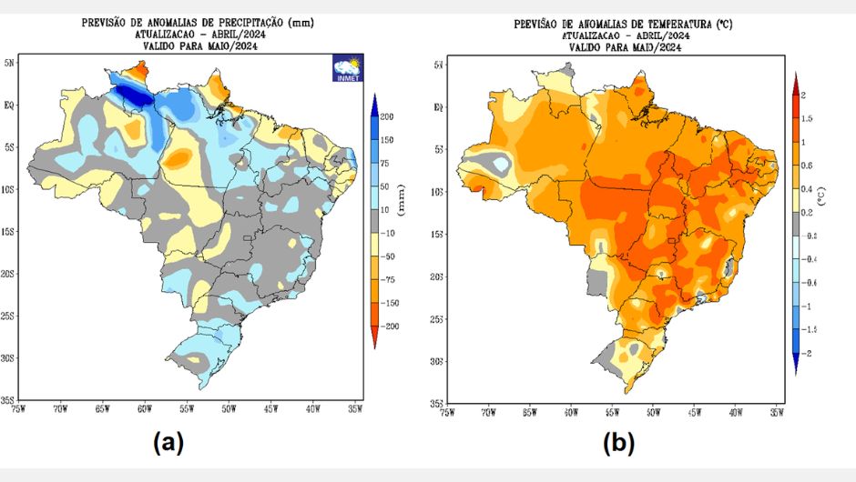 Figura 1: previsão de anomalias de (a) precipitação (chuva) e (b) temperatura média do ar do modelo climático do Inmet, para o mês de maio de 2024