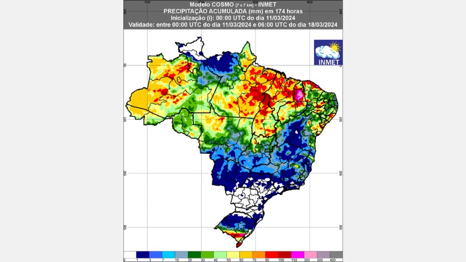 Figura 1: previsão de chuva para 1ª semana (11 a 18/03/2024); fonte: Inmet